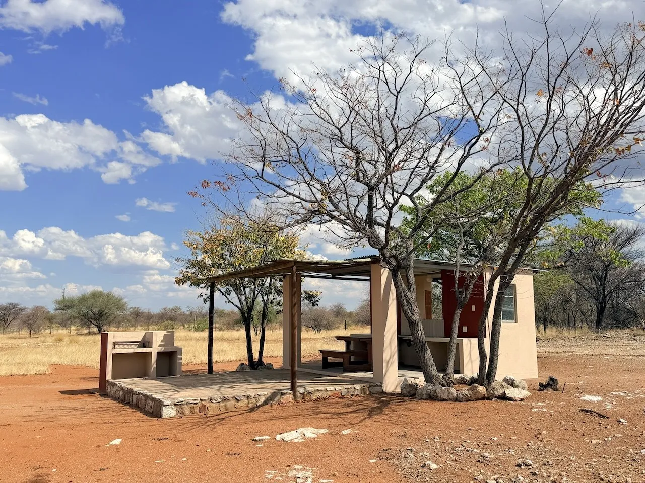 Campsite braai and picnic table under a shade tree